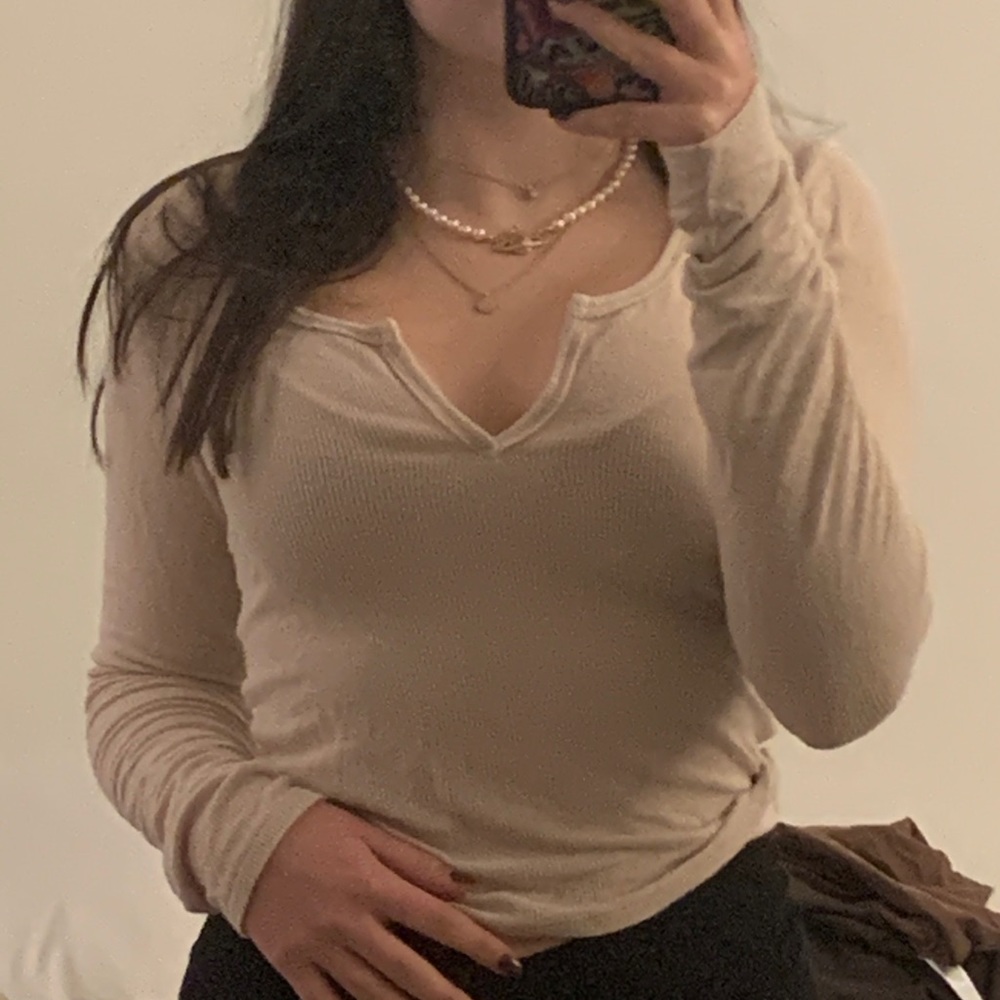 beige v neck long sleeve